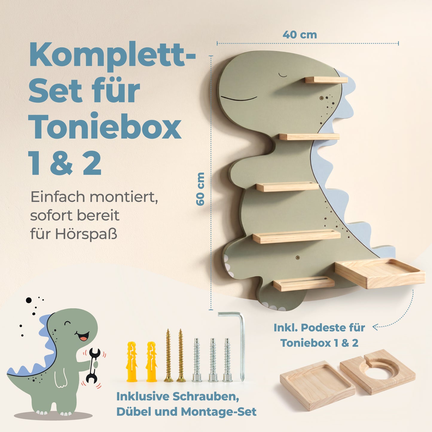 Goldie Dino - Tonieregal für Toniebox & bis zu 20 Figuren | Grün & Blau