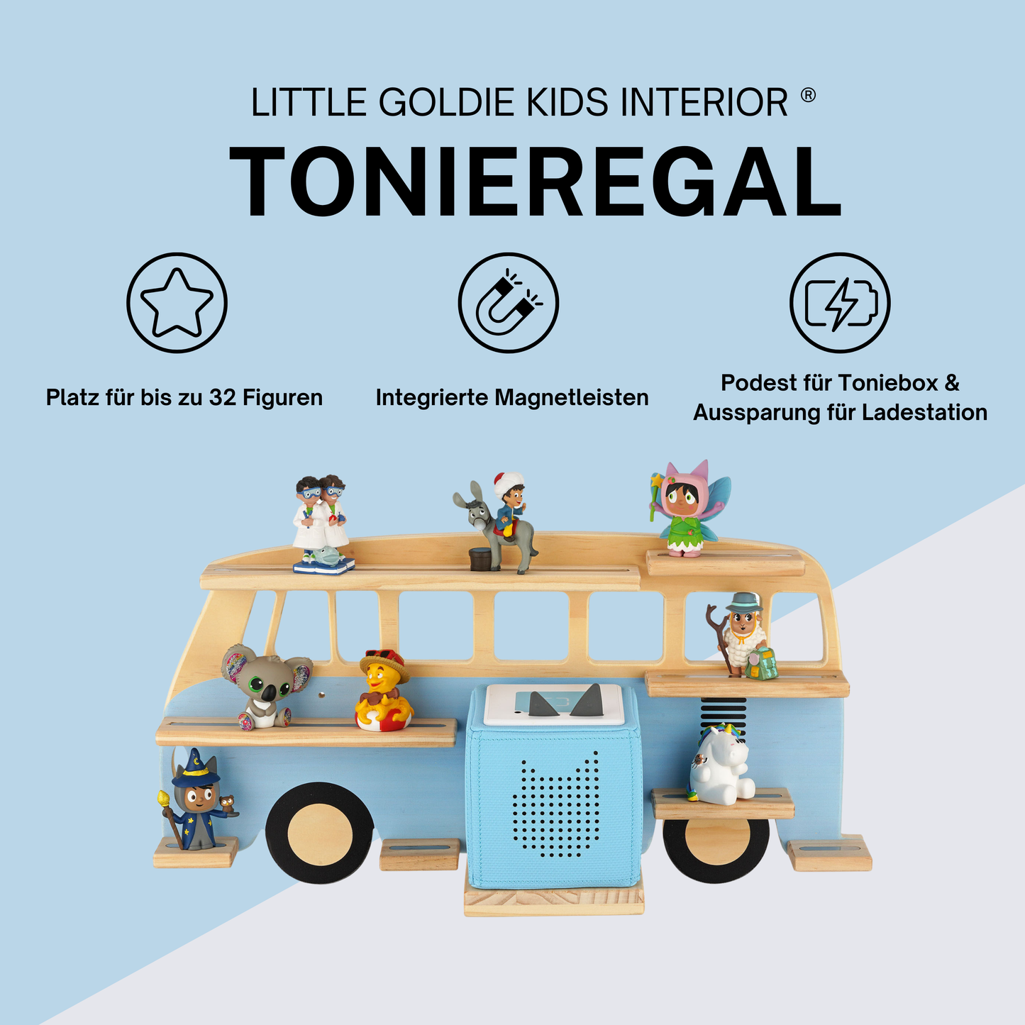 Goldie Bus - Tonieregal für Toniebox & bis zu 32 Figuren | Blau