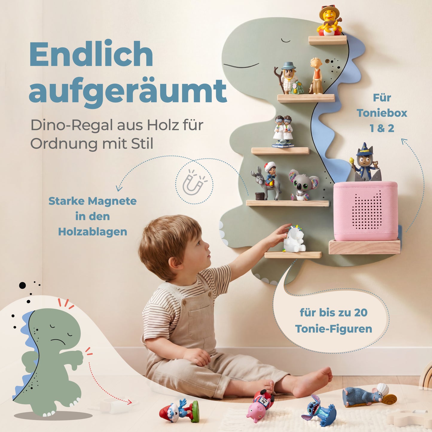 Goldie Dino - Tonieregal für Toniebox & bis zu 20 Figuren | Grün & Blau